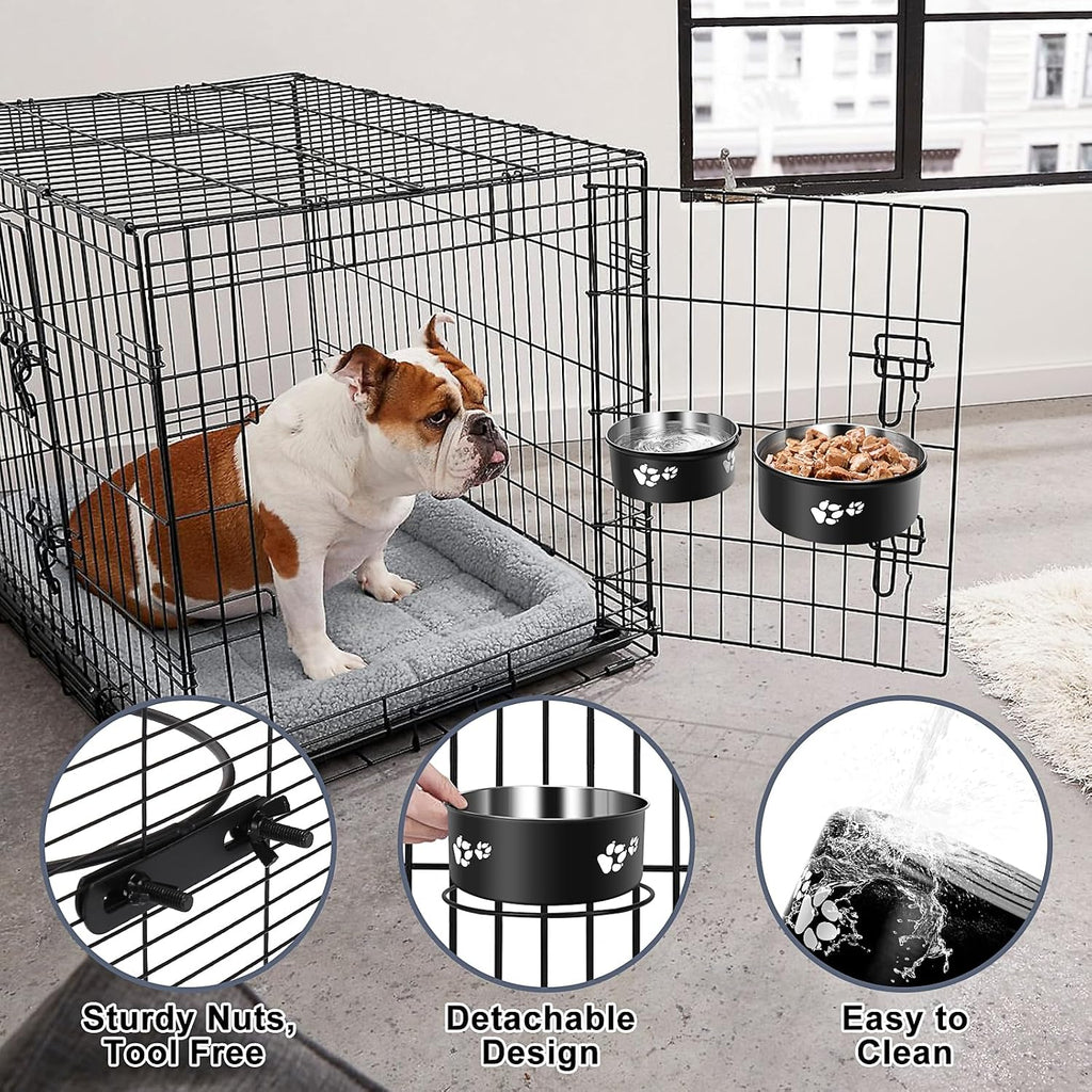 Dog Crate Bowls Hanging 2 Pack, ShineMe Hanging Food and Water Bowl for Dog Cage, Crate, Kennel - No Spill Metal Feeder Crate Bowls for Large and Medium Dogs (7.1x2.9” & 6.2x2.6”)