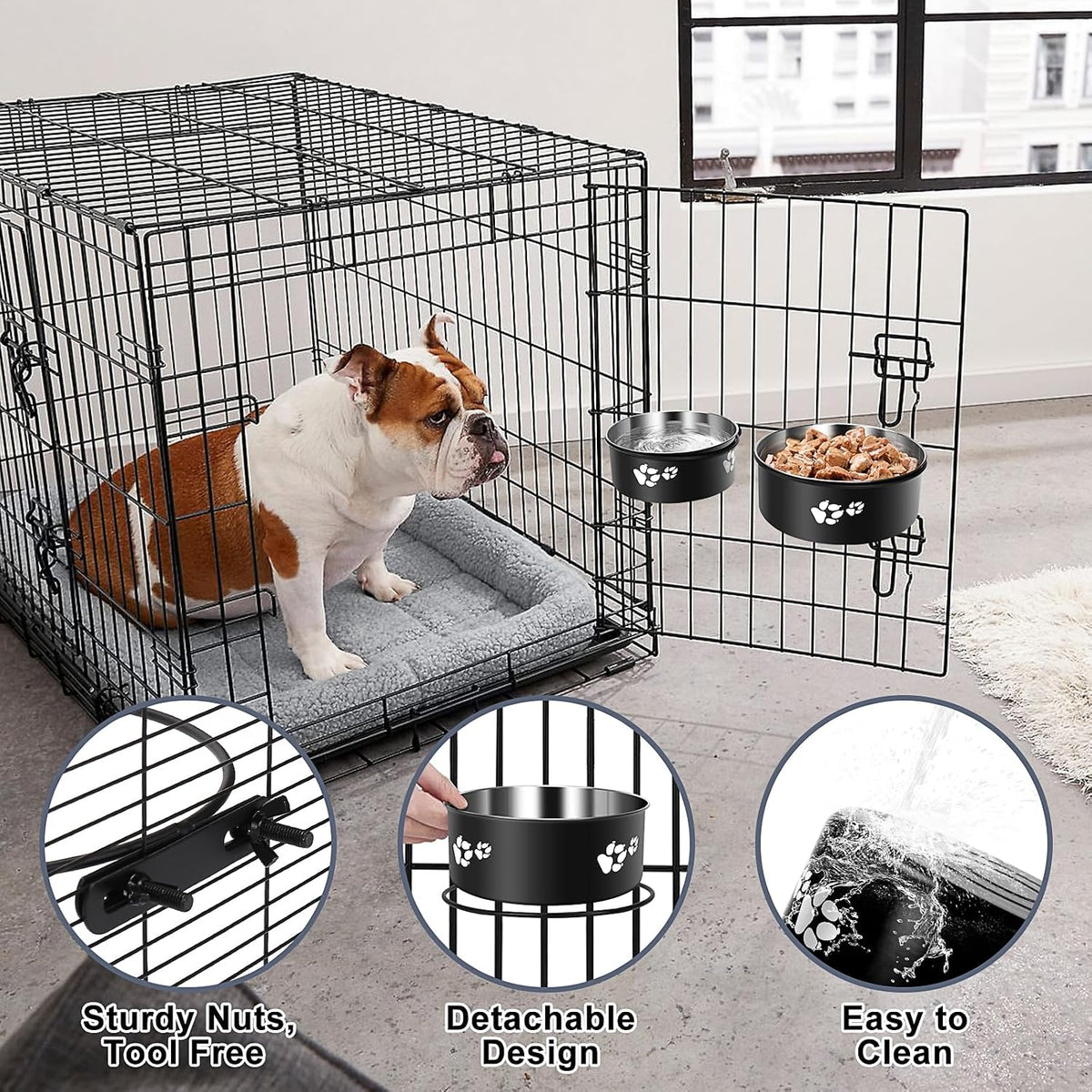 Dog Crate Bowls Hanging 2 Pack, ShineMe Hanging Food and Water Bowl for Dog Cage, Crate, Kennel - No Spill Metal Feeder Crate Bowls for Large and Medium Dogs (7.1x2.9” & 6.2x2.6”)
