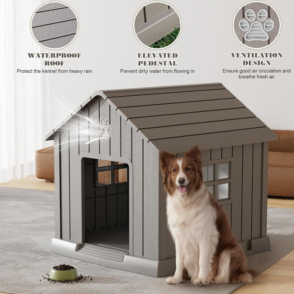 Fancyango Dog House Outdoor Indoor - Waterproof, Ventilated, Easy to Clean, Elevated Floor for Small-Large Dogs, Easy to Assemble (Grey, 37.2" L x 40" W x 40" H)
