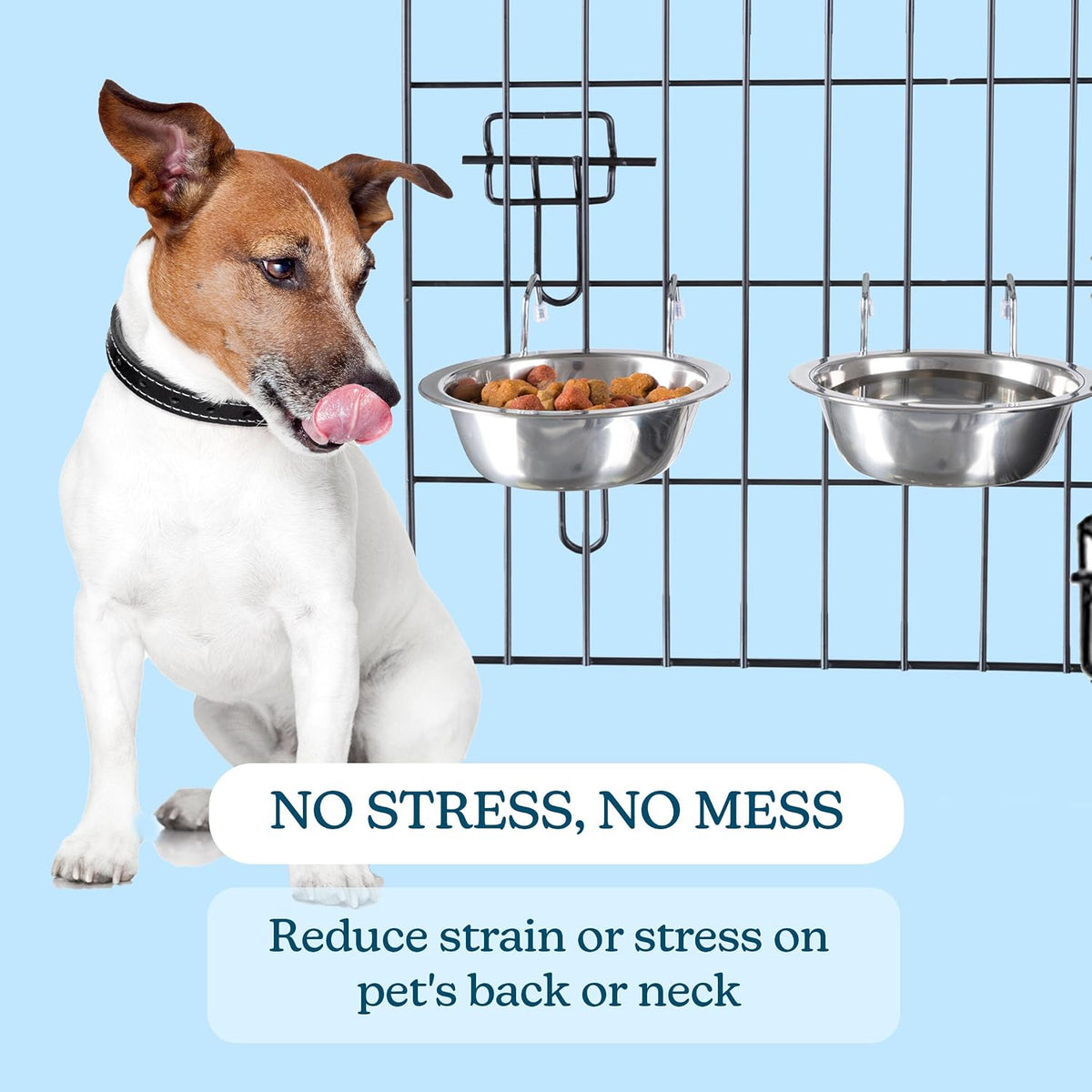 Set of 2 Stainless-Steel Dog Bowls - Cage, Kennel, and Crate Hanging Pet Bowls for Food and Water - 8oz Each and Dishwasher Safe by PETMAKER, Silver | Cage, Kennel, and Crate Hanging Pet Bowls for Food and Water, Dishwasher Safe Food and Water Pet Dishes 