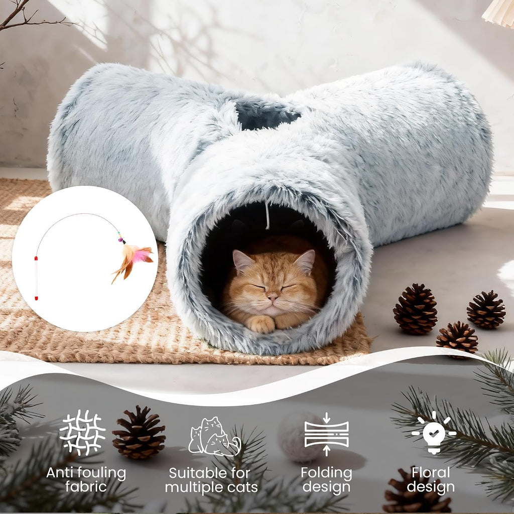 Tempcore Plush Cat Tunnel, 3-Way Collapsible Toy for Indoor Cats, Grey | Plush Fabric Creates a Soft Play Space for Cats, with 3-Way Tunnels, Peek Holes, Hanging Ball and Teaser Wand for Interaction