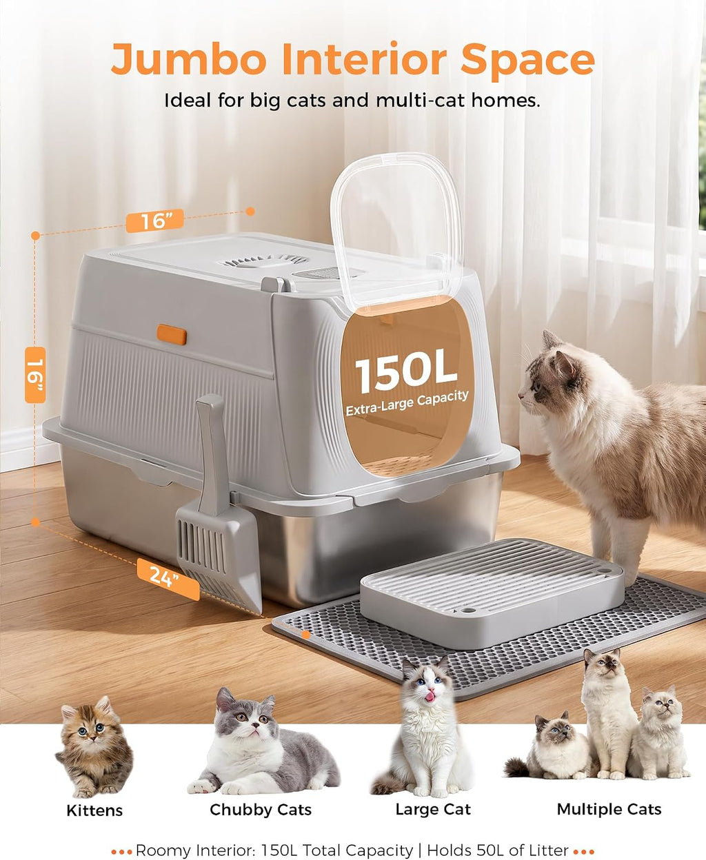 GTPLAYER XL Stainless Steel Cat Litter Box with Lid, High Sided Enclosed Cat Litter Box, Activated Carbon Odor Control, Extra Large Metal Litter Box, Anti-Leak, with Mat & Step, Slate Gray
