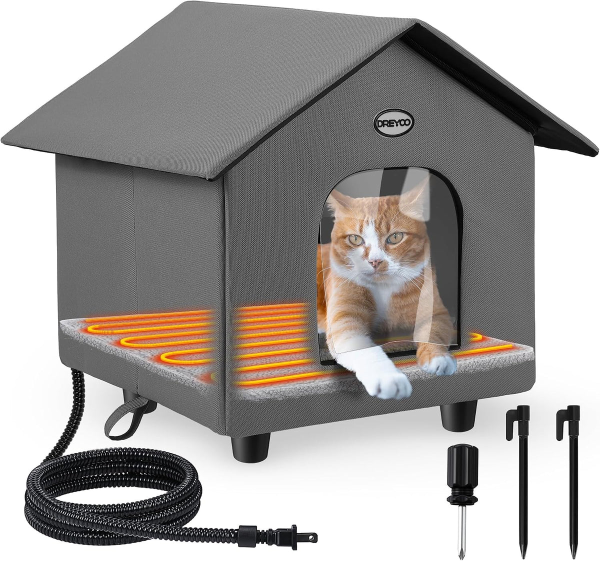 Dreyoo 1 Pack Heated Cat House Weatherproof, Dark Gray