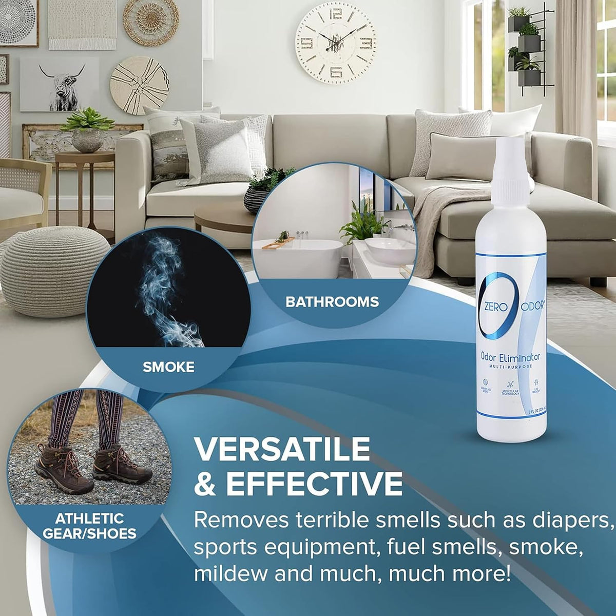 Zero Odor Multi-Purpose Odor Eliminator, Car & Room Air Freshener, 8 oz