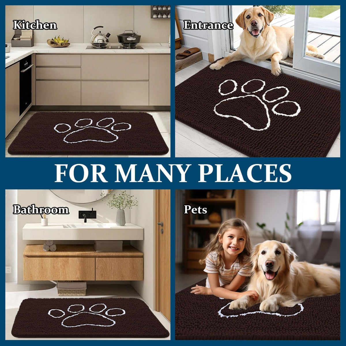 OLANLY Dog Door Mat for Muddy Paws 70x35, Paw Print Design Chenille Mud Mat