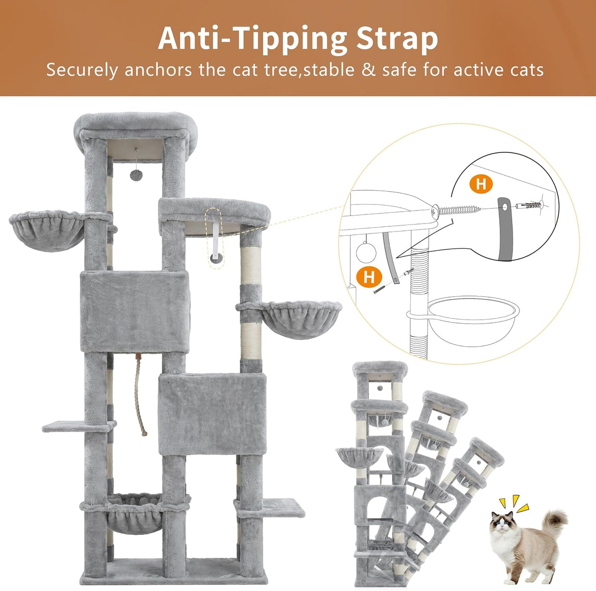 Heybly Cat Tree, 74.8-Inch Spacious & Tall Cat Tower for Large Cats HCT062W