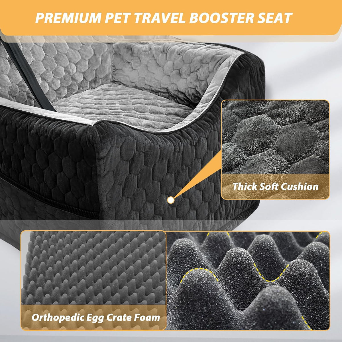 Dog Car Seat for Small/Medium Dogs, Memory Foam Dog Booster Seat, Travel Safety Per Car Seat with Washable Removable Cover, Storage Pockets, up to 35 lbs(BlackGray)