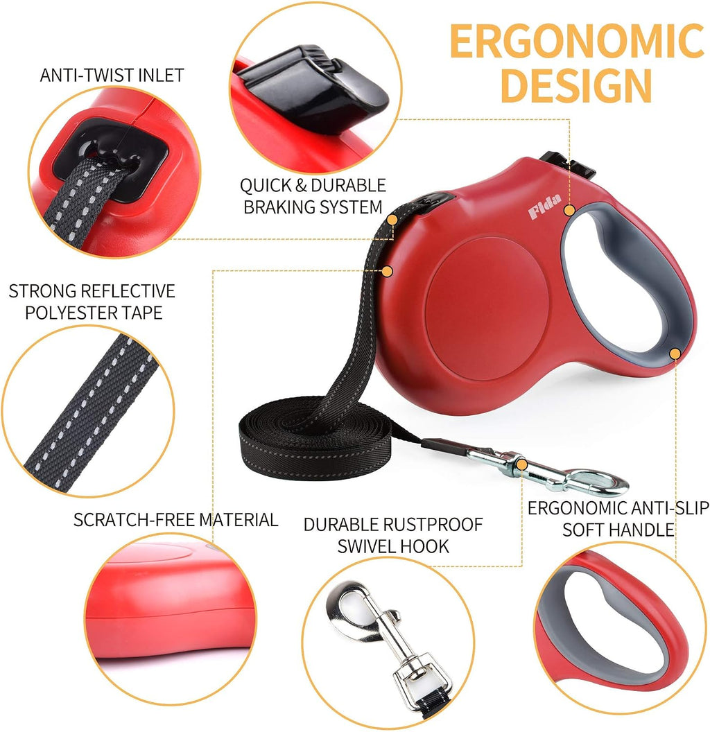 Fida Retractable Dog Leash with Dispenser and Poop Bags, 16 ft, Red