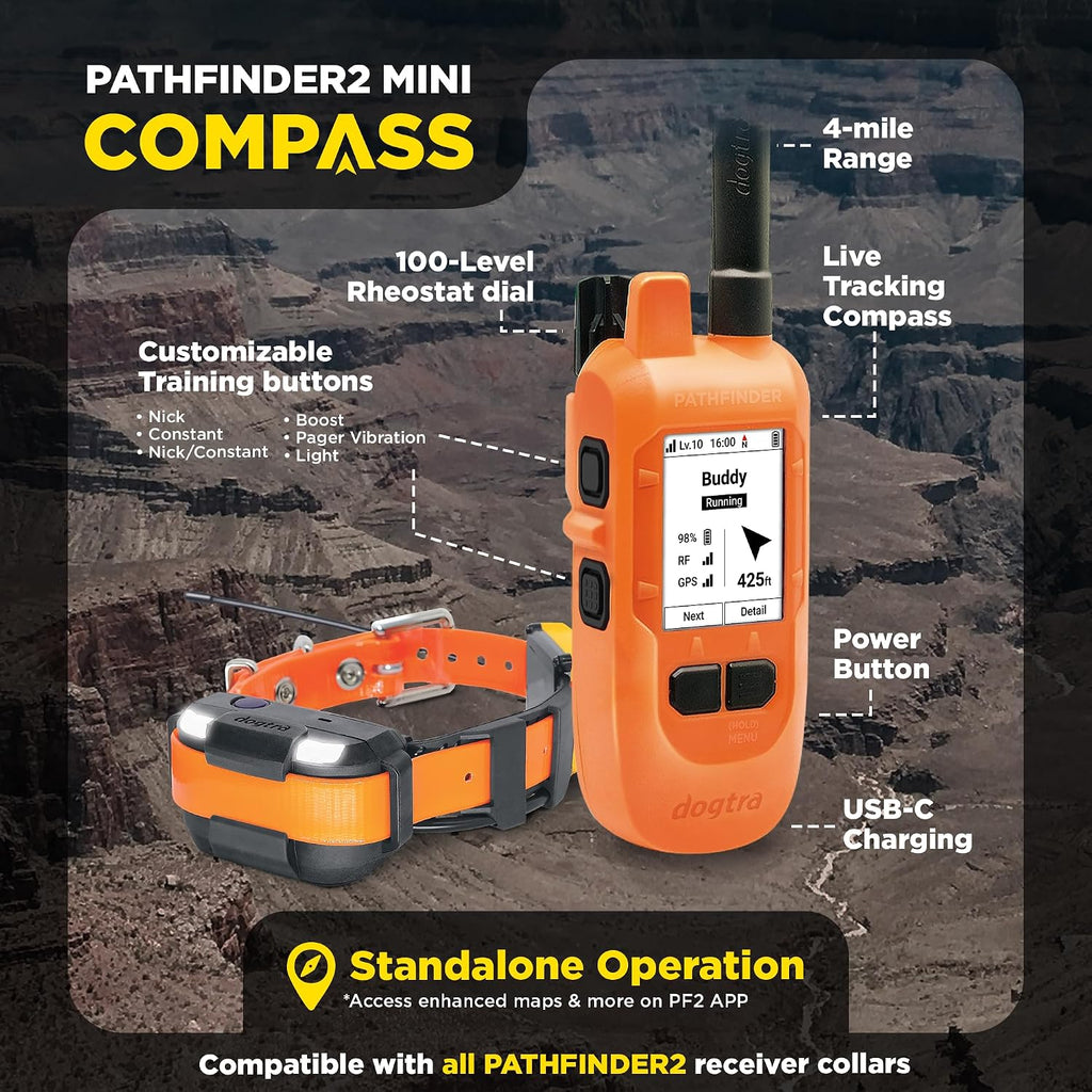 Dogtra PATHFINDER2 MINI Compass Live GPS Dog Tracking & Training System - 4-Mile Range E-Collar Handheld with No Subscription, Offline Maps, GPS Fence, Expandable up to 21 Dogs, for Dogs 25+ lbs
