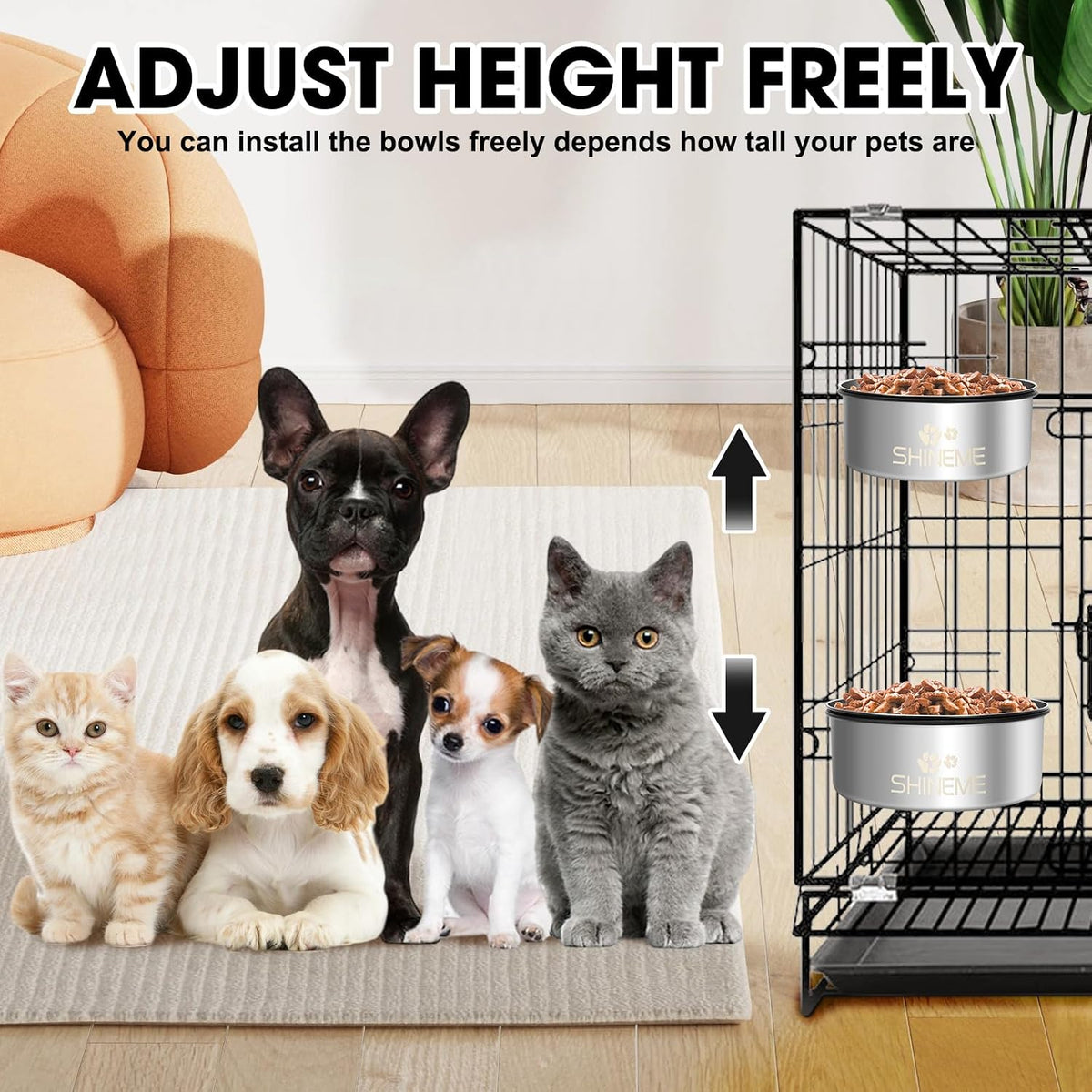 Kennel Bowls Mountable in Crate Kennel Cage (6.2x2.6” & 5.5x2.4”) | 34oz & 25oz Stainless Steel Dogs Bowls, Dog Food and Water Bowl for Dog Crate, 2 Pack, Silver