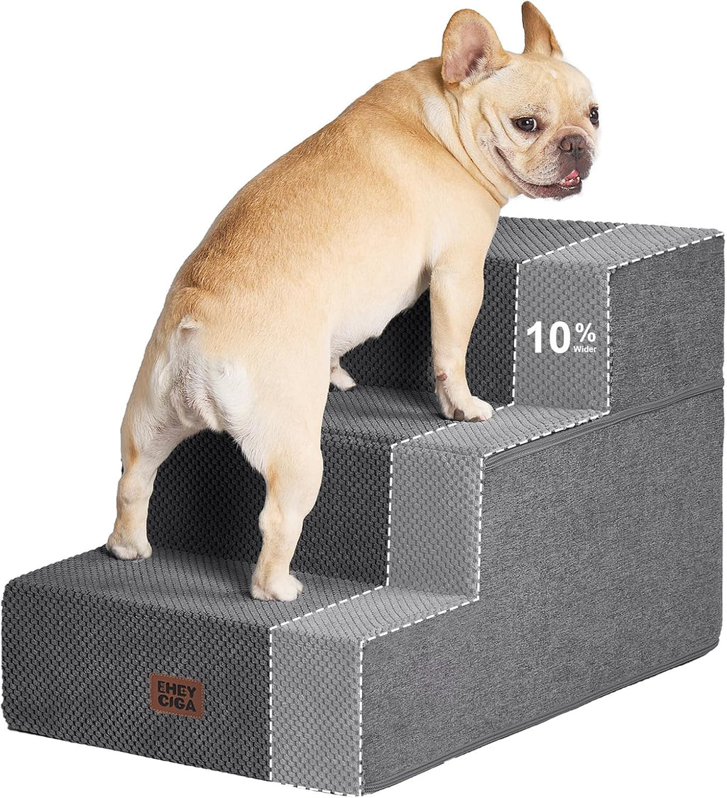 EHEYCIGA Dog Stairs for Small Dogs 16.5" H, 3-Step Extra Wide Ramp, Grey