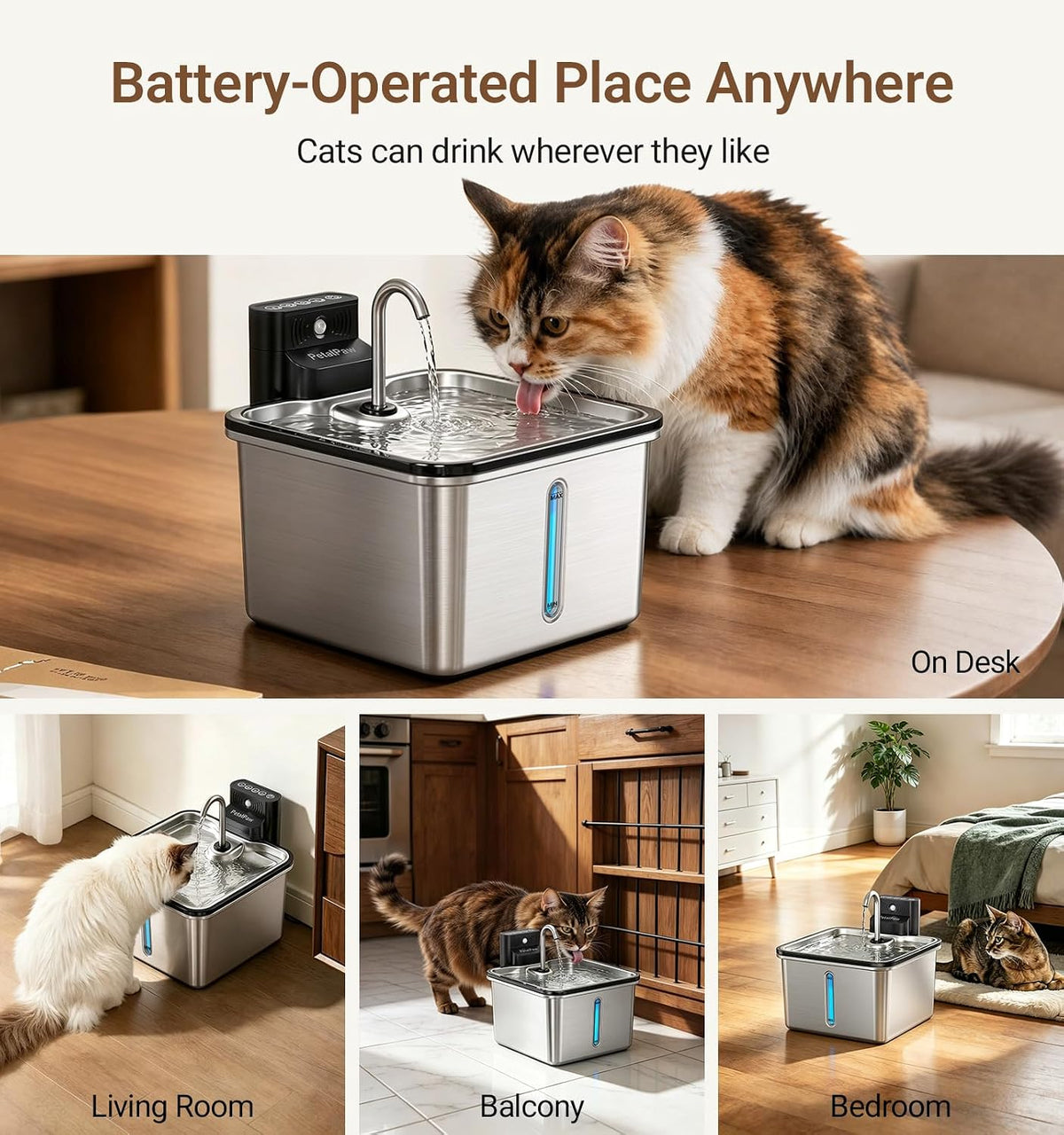 Wireless Cat Water Fountain, Water & Battery Separation, Faucet Design