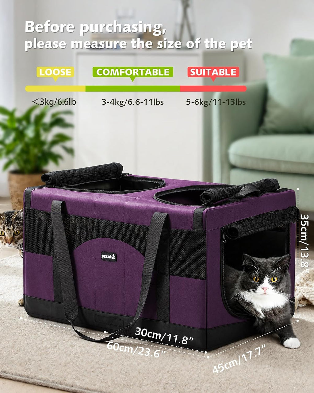 Pecute Cat Carrier, Soft Double Pet Crate for 2 Cats Travel, Purple