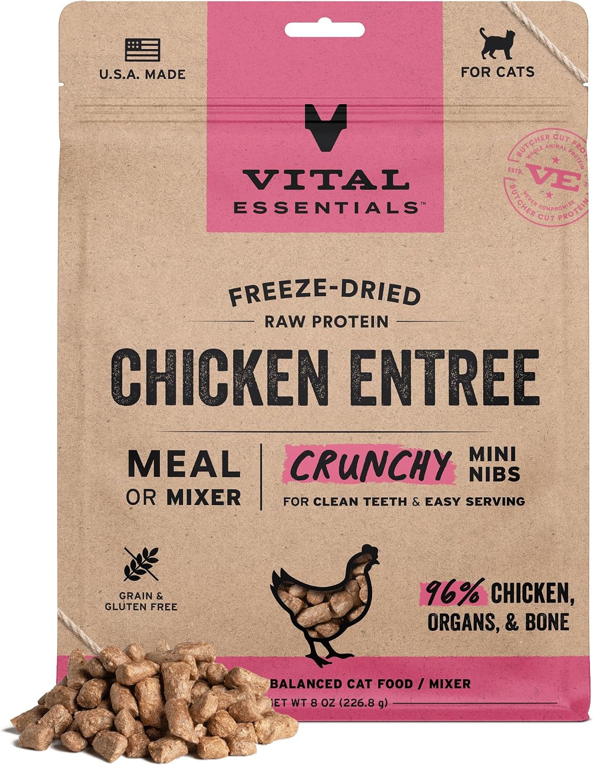 Vital Essentials Freeze Dried Cat Food, Chicken Crunchy Mini Nibs, 8 oz Bag