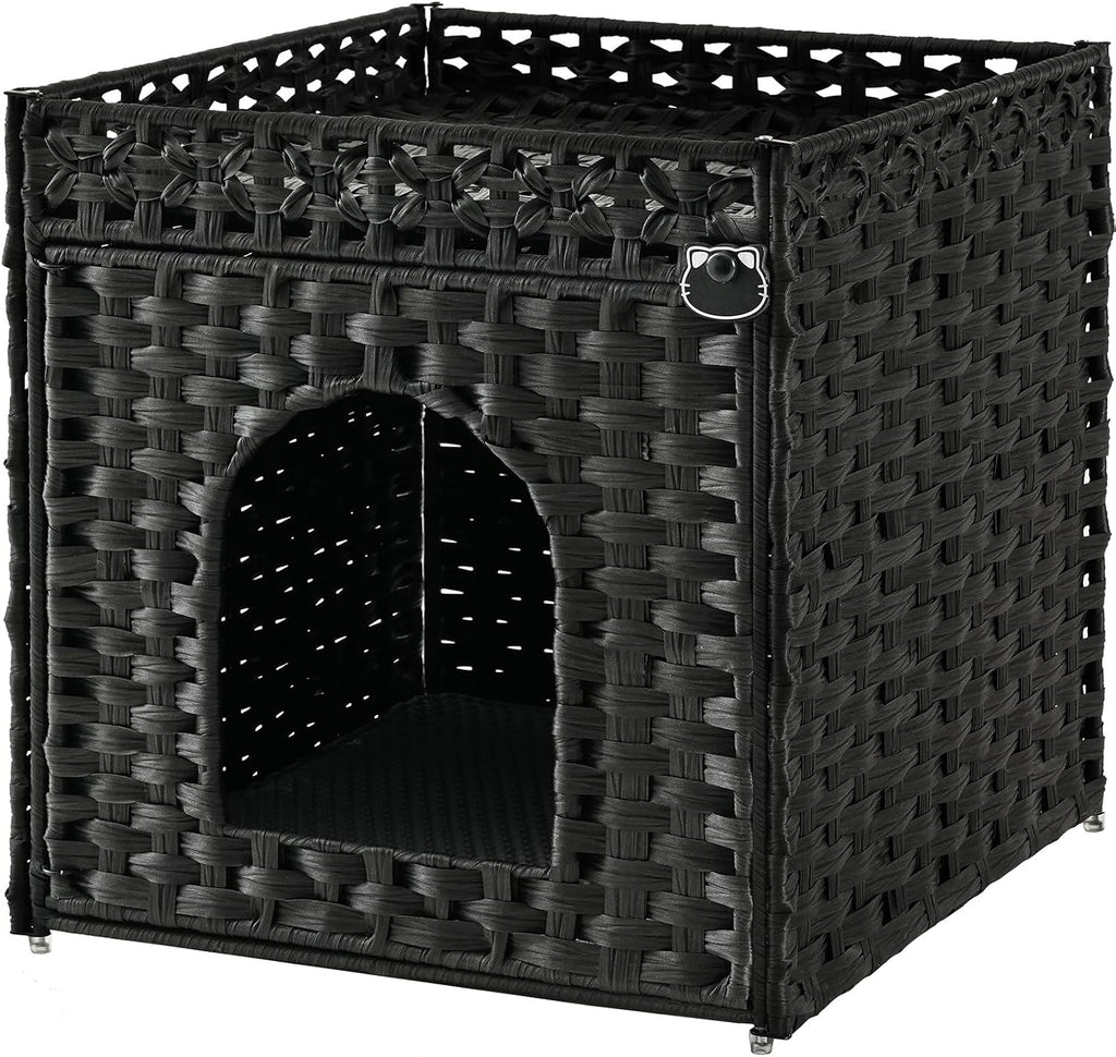 SETVSON Cat Litter Box Enclosure Furniture, Hidden PE Rattan, Black