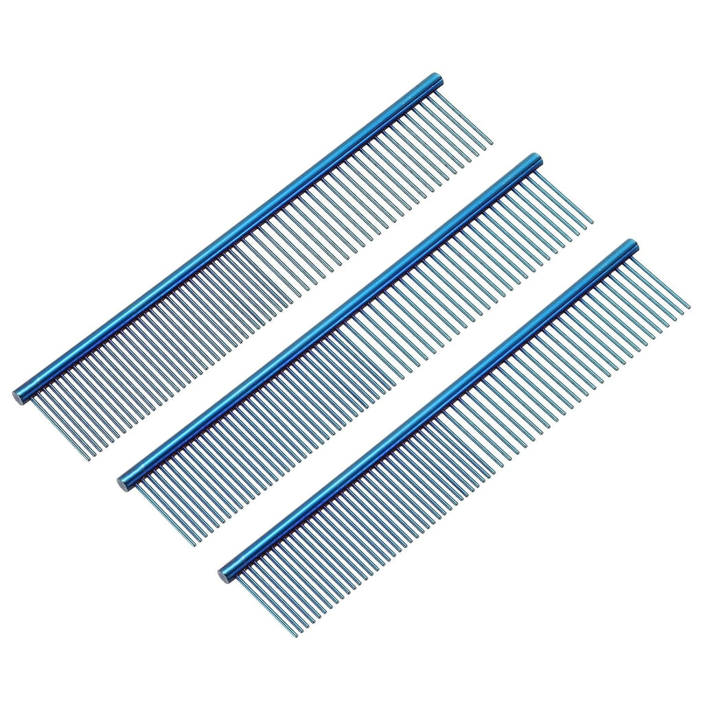 Dog Cat Comb, Pet Combs Stainless Steel Teeth with Rounded Ends for Knots Mats Loose Hair Removal, 7.5IN (Blue Plated, 3 Pack), Grooming Tool Intended for Long Curly Hair Pet