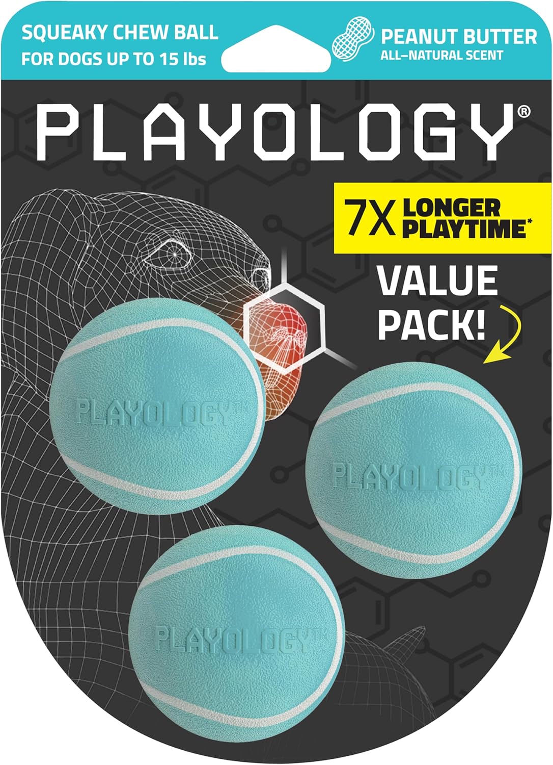 Playology Squeaky Chew Ball Dog Toy - Small, Peanut Butter Scent, 3-Pack
