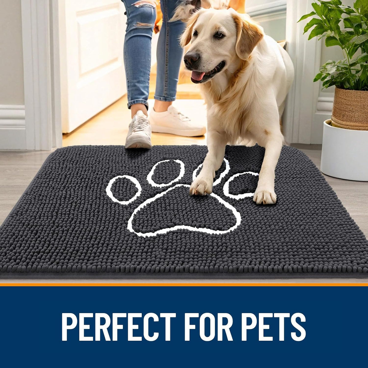 OLANLY Dog Door Mat for Muddy Paws 47x20, Paw Print Design Chenille Mud Mat