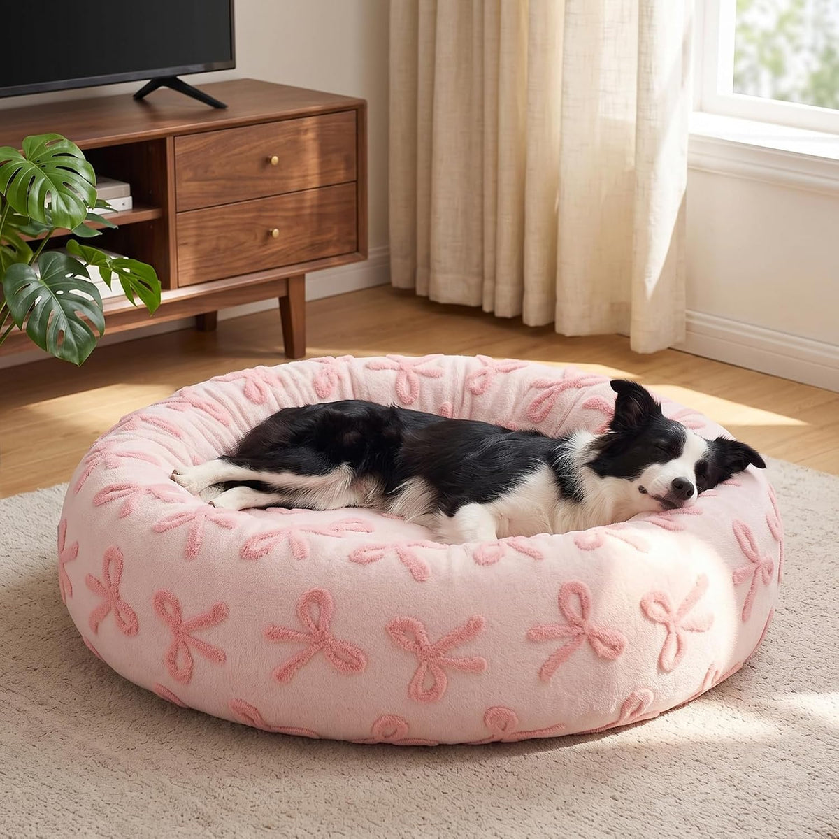 JOEJOY Jacquard Donut Round Small Dog Beds,Pink 23x23x8in, Removable Washable Cover, Cute Pattern, Ultra Soft Fluffy Calming Pet Bed with Thick Supportive Bolster
