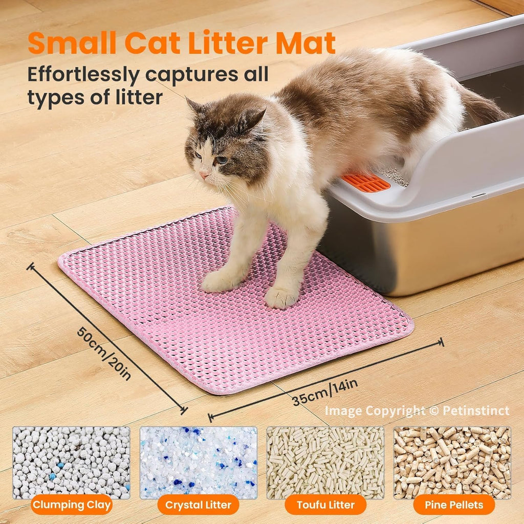 Small Cat Litter Mat, Double Layer Honeycomb Litter Box Mat | 20x14”, Reduces Litter Tracking, Waterproof, Non-Slip, Soft on Paws, Scratch Resistant, Easy to Clean, Pink