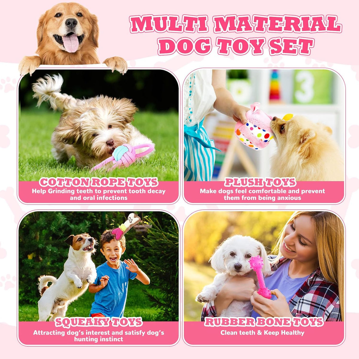 RoundFunny 11 Pcs Dog Birthday Toys Gift with Box, Classic, Pink