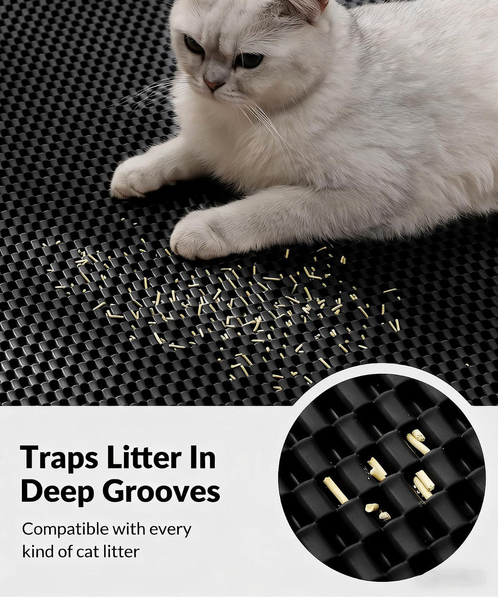 Cooyes Cat Litter Mat - Cut to Fit Any Place, 47"x35" Litter Trapping Mat | for Litter Box, Extra Large, Easy to Clean, Waterproof & Non-Slip Kitty Pad, Scatter Control to Protect the Floor (Black)