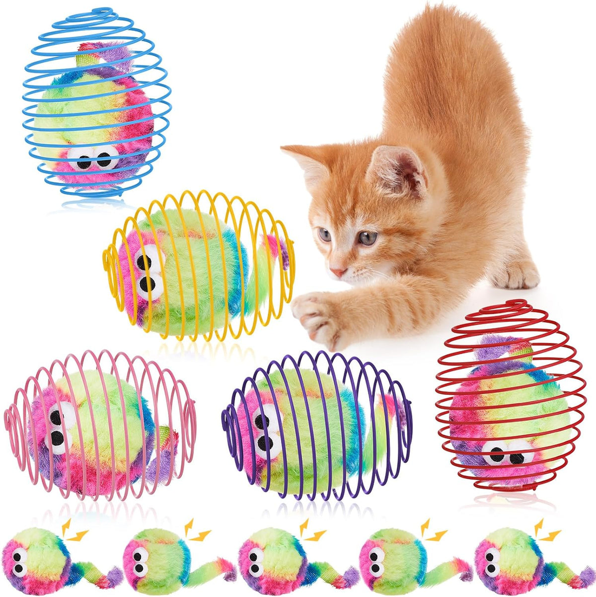 Jecery 5 Pcs Cat Toys Spring,Monster,Rainbow Color