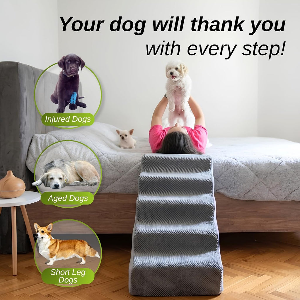 Dog Stairs for Bed & Couch – 2-in-1 Foldable Dog Stairs and Ramp (Gray - 5-Steps)