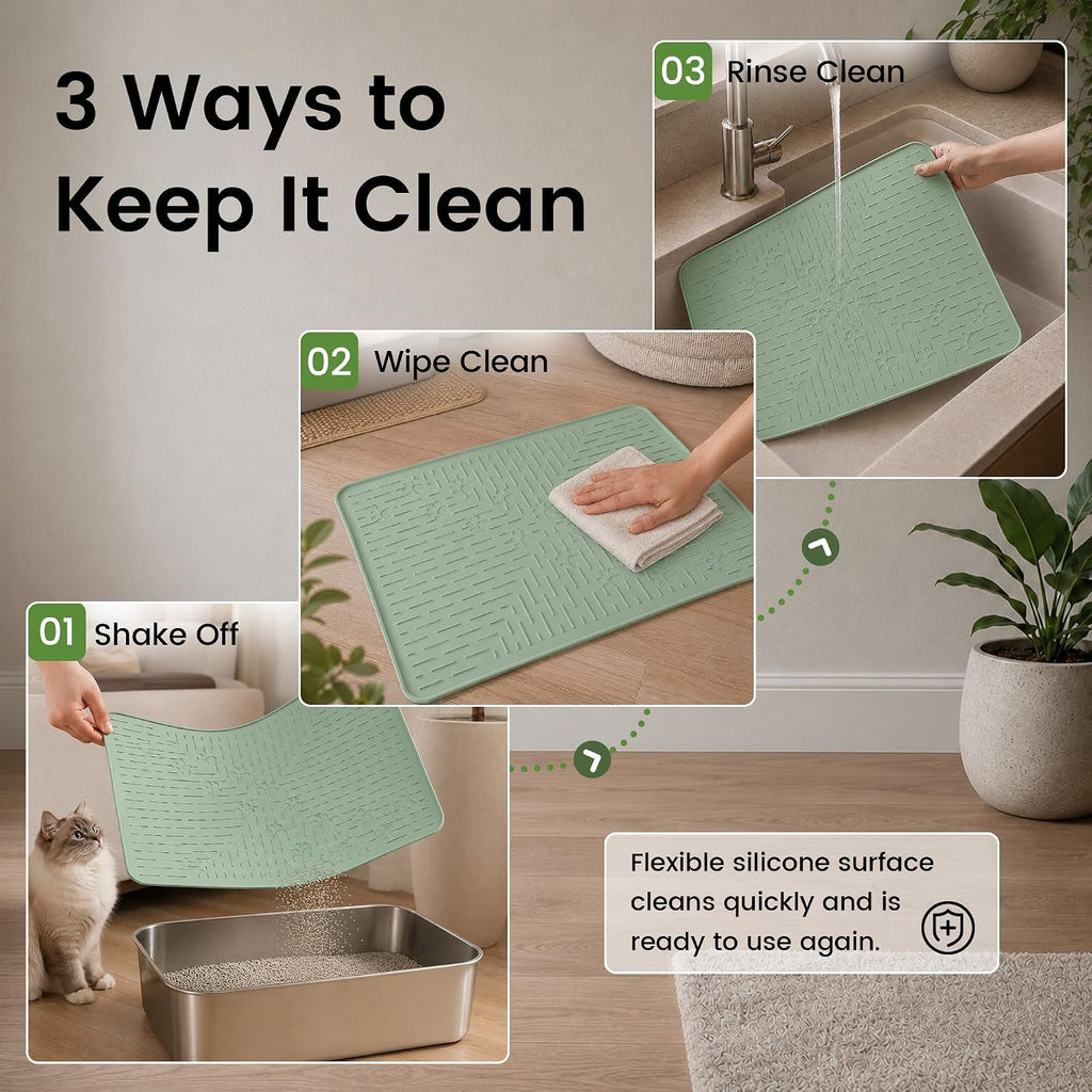 OHMO Cat Litter Mat 23.5x16 Silicone Trapping Mat Sage Green | for Kitty Litter Box, Easy Clean, BPA Free Rubber, Center Litter Collection, Easy Pour-Back, Waterproof, Odor-Resistant