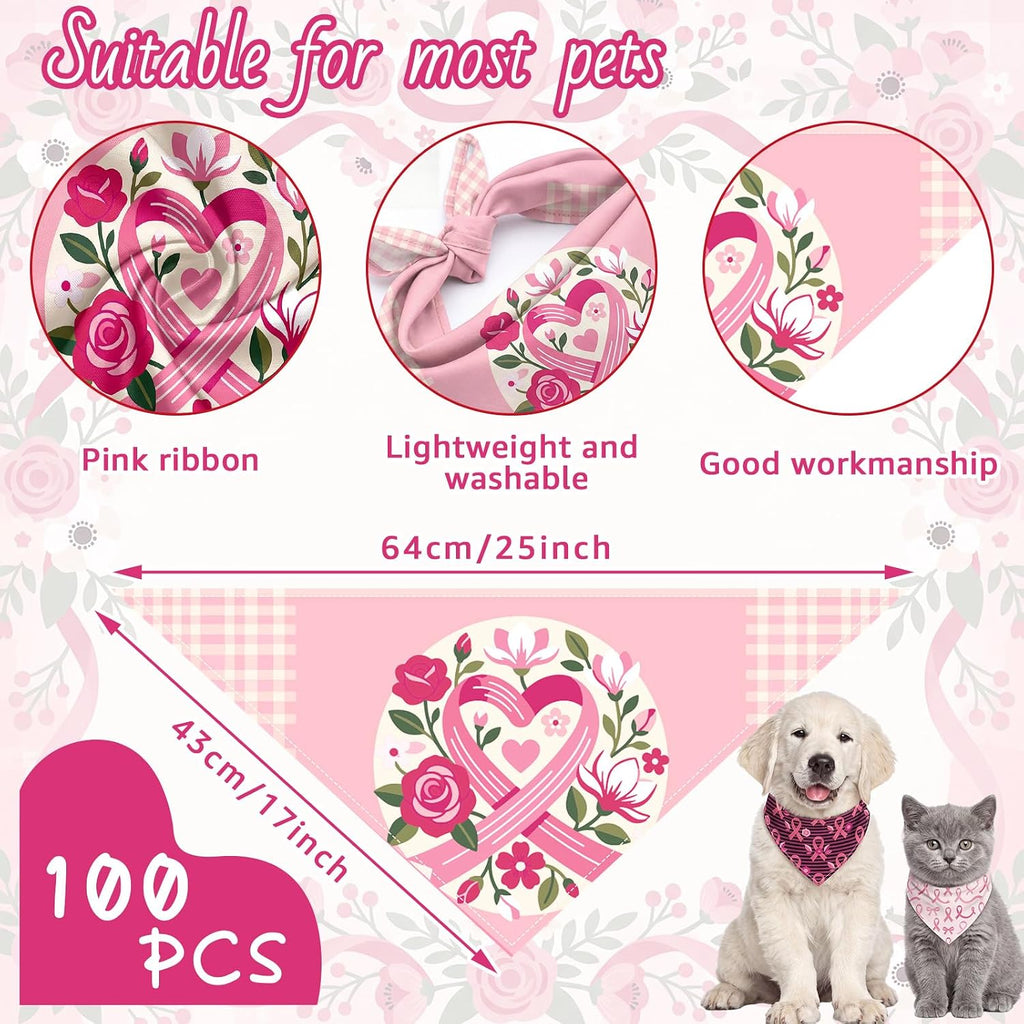 Huhumy 100 Pcs Breast Cancer Dog Bandanas Pink Ribbon Bandanas for Dogs