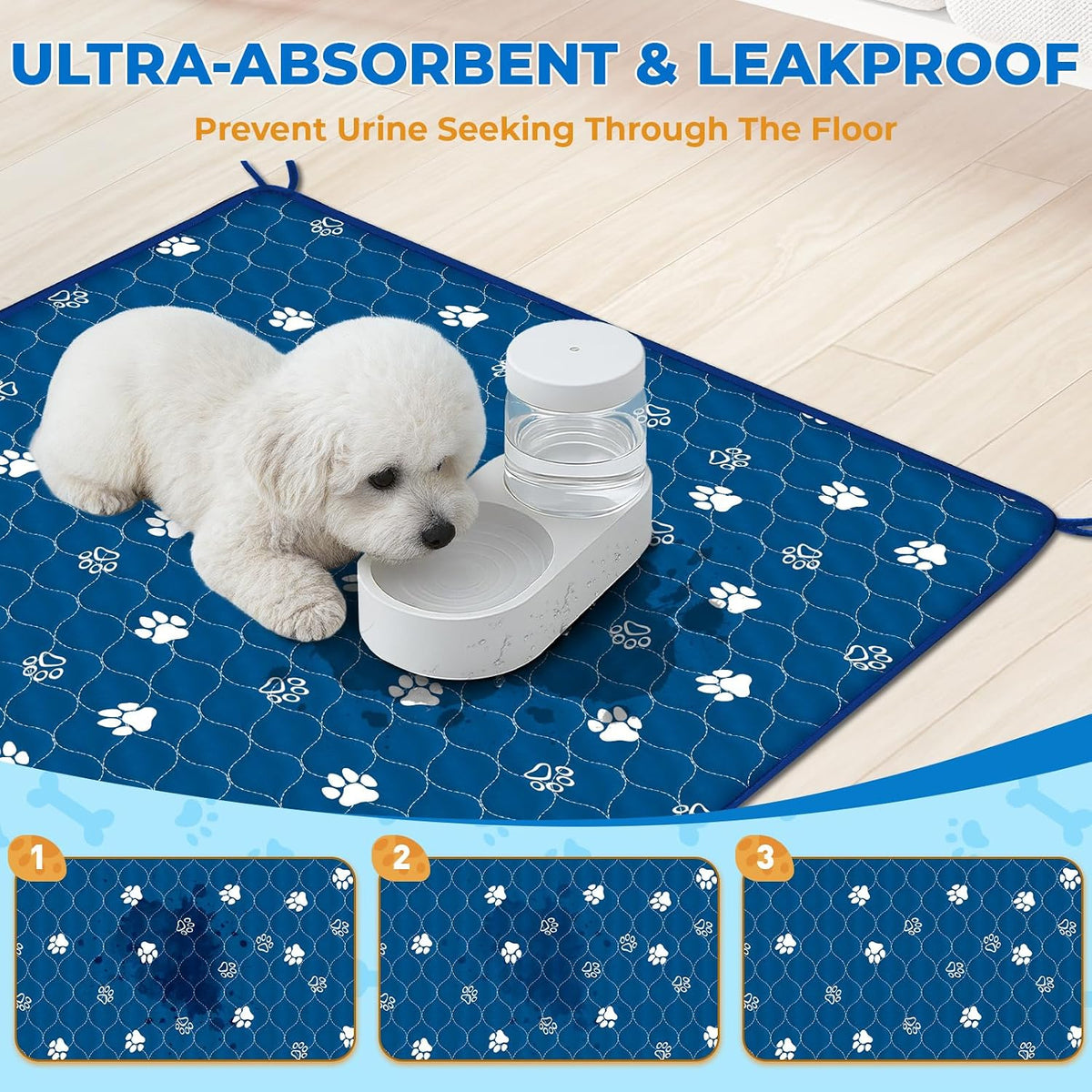 Fostanfly Washable Pee Pads for Dogs, Ultra-Absorbent, 2 Pack 36"x41" Blue | Leak-Proof, Waterproof, Non-Slip, Large Reusable Pee Pads for Puppy Potty Training, Crate and Playpen with 8 Tie Straps
