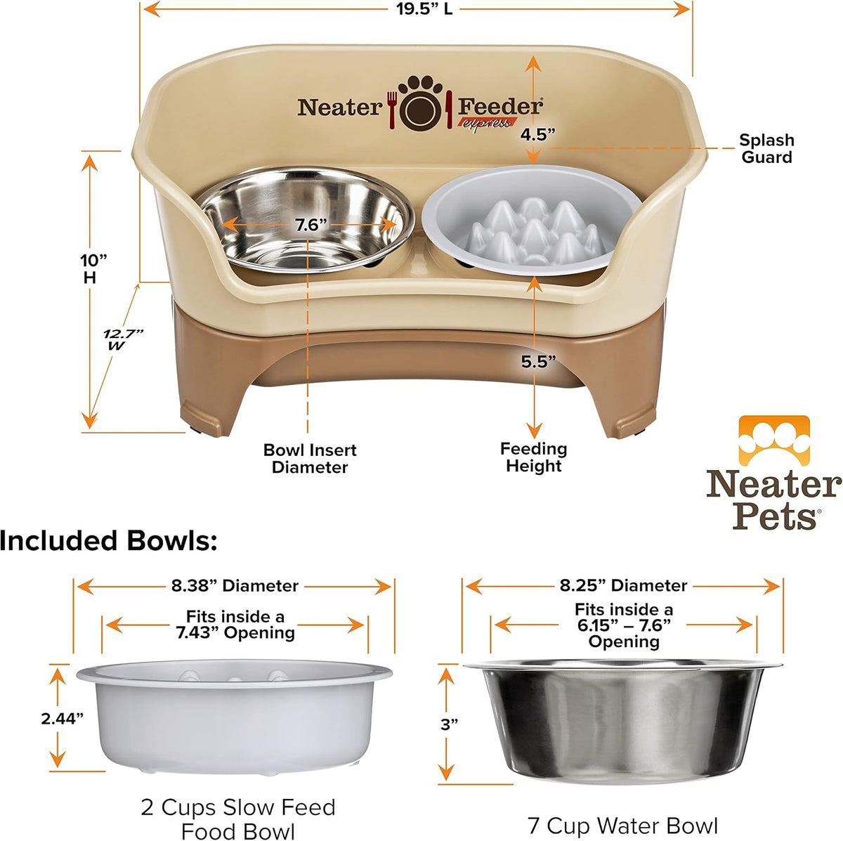 Neater Feeder Express Mess Proof Dog Bowls Elevated for Medium and Large Breed – Made in USA – No Spill Raised Slow Feeder Elevated Dog Bowl Stand, Slow Feed Food and Water Bowl Set, Cappuccino