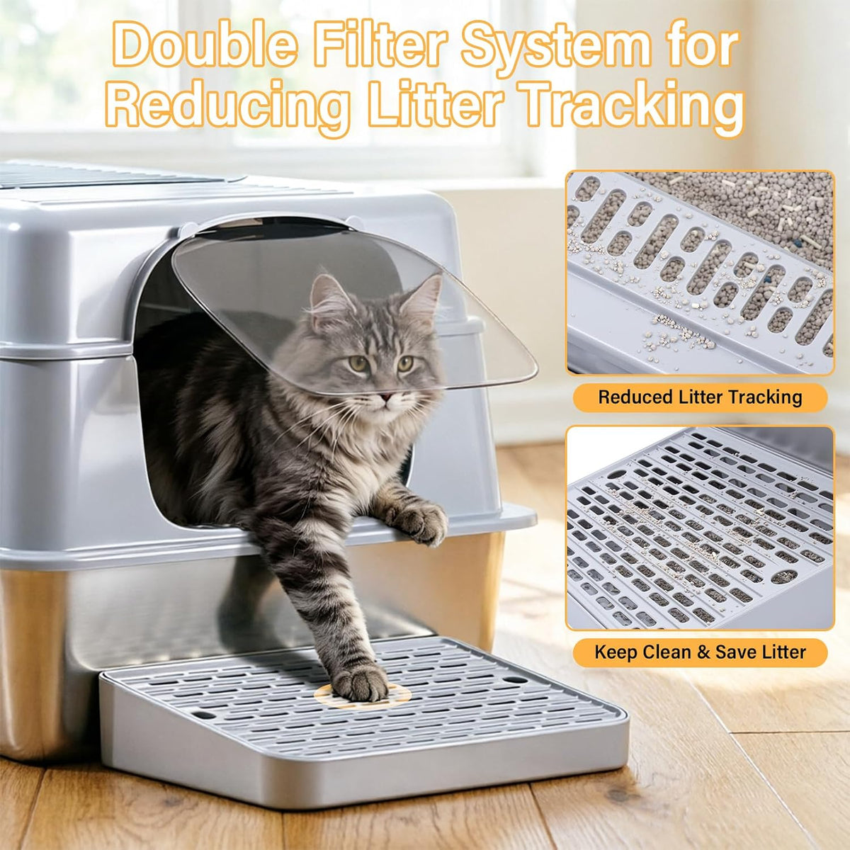 Stainless Steel Litter Box with Lid XXXXL,Metal Cat Litter Box | 3IN1 High Sides Covered for Big/Multiple Cats,Indoor,1-Mat and 1-Scoop,Easy to Clean, No Odor,Anti-Urine Leakage