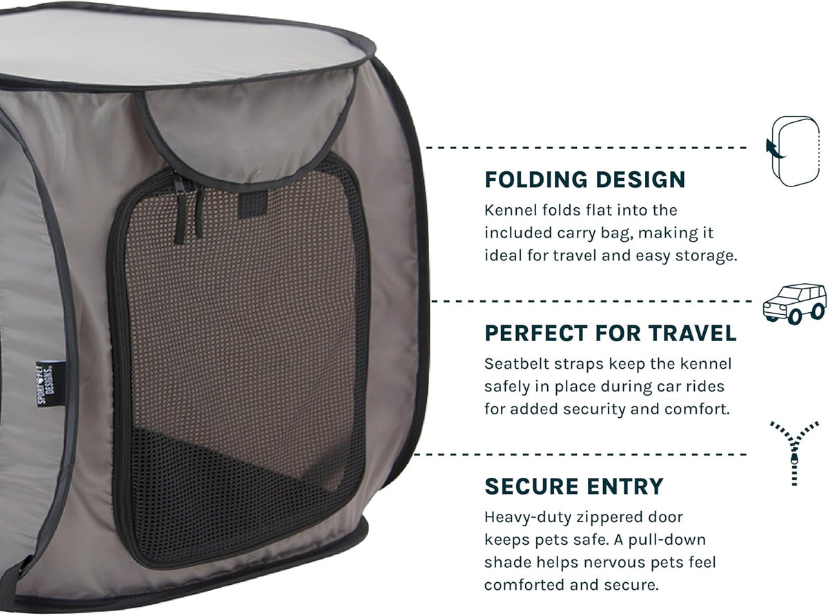 SportPet Designs Large Pop Open Kennel, Portable Cat Cage Kennel, Waterproof Pet bed, Carrier Collection