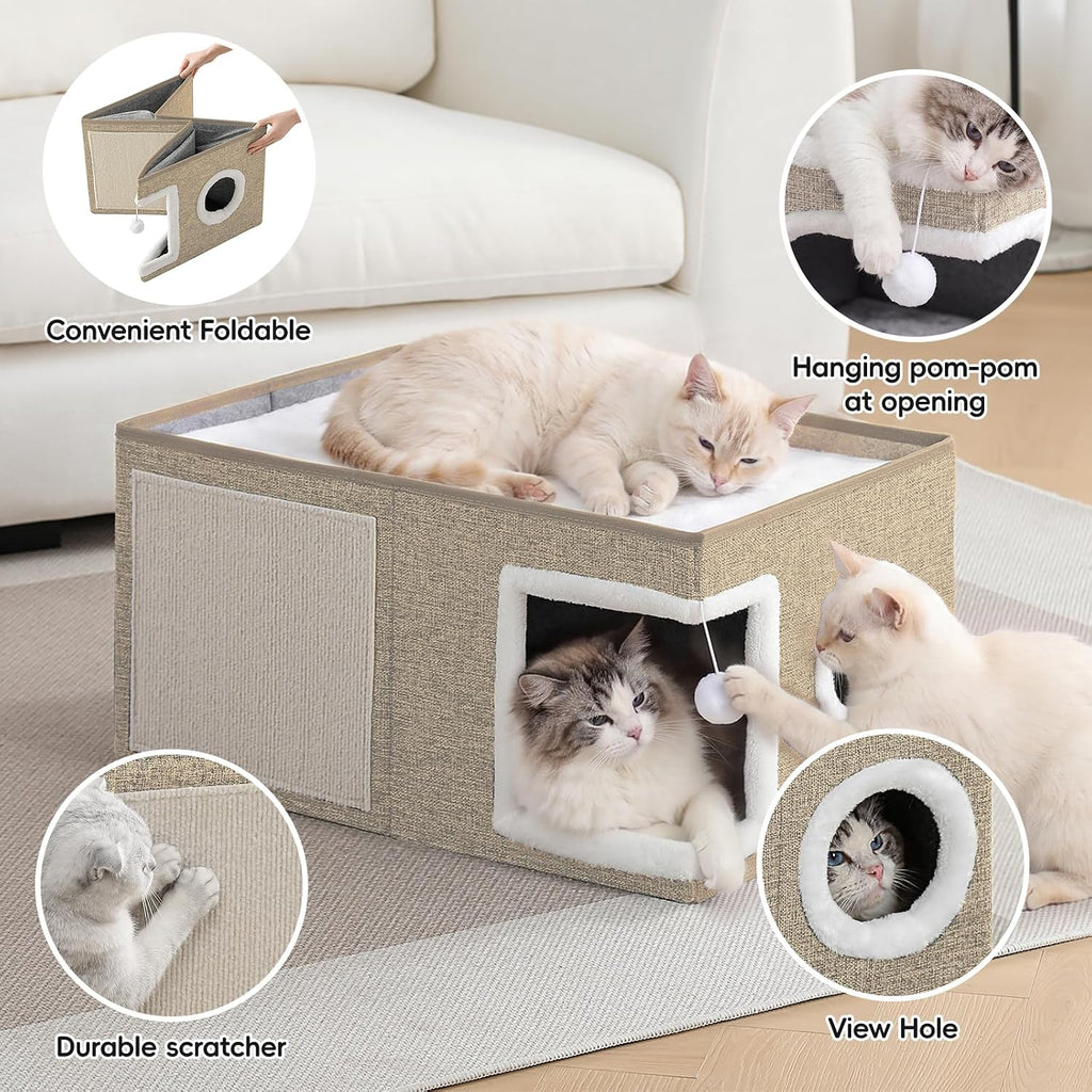 Extra-Wide Cat Houses for Indoor Cats, Large Cat Cave Bed with Fluffy Ball and Scratch Pad, Foldable Covered Kitten Bed for Multiple Cats, 23.6x16x13 inches, Khaki