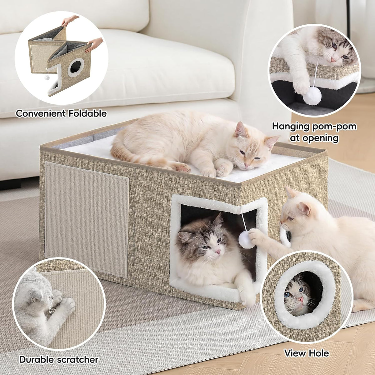 Extra-Wide Cat Houses for Indoor Cats, Large Cat Cave Bed with Fluffy Ball and Scratch Pad, Foldable Covered Kitten Bed for Multiple Cats, 23.6x16x13 inches, Khaki