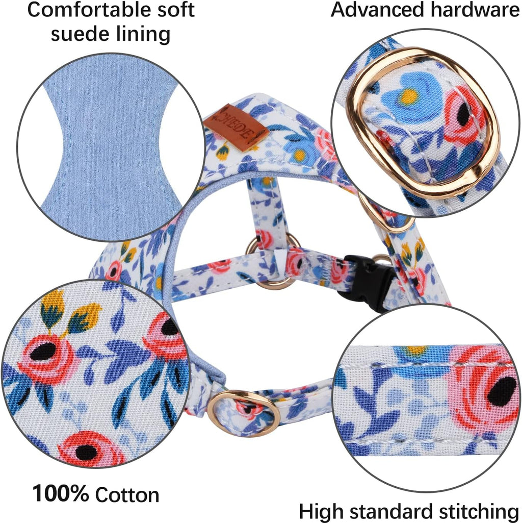CHEDE No Pull Floral Pattern Dog Harness- Lightweight and Soft Harness, Adjustable Small Dog Harness and Leash Set, with Dog Leash, Suitable for Puppy Small and Medium-Sized Dog (S, Blue Rose)