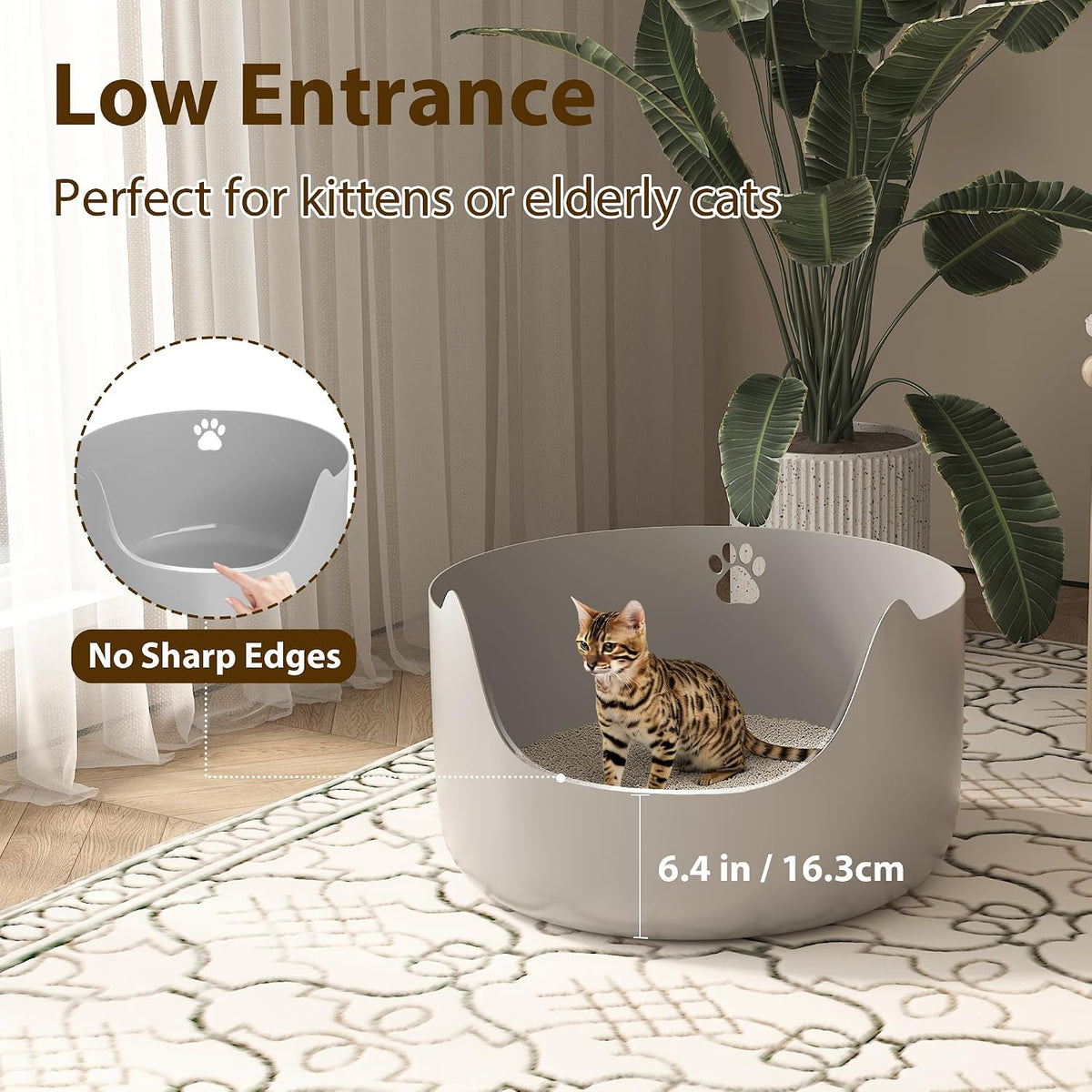 High Sides Low Entry Large Litter Pan (21.6x21.6x13.1 Inches), All-in-One Easy to Clean Plastic Litter Box for Kittens, Elderly & Large Cats, Doubles as Stylish Cat Bed, Grey