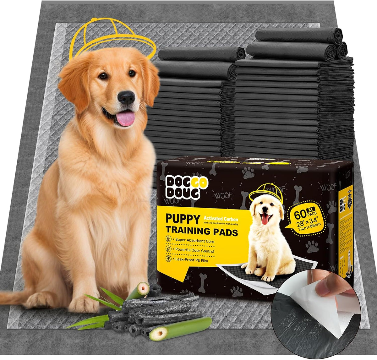 Charcoal Puppy Pads X-Large 28"x34" 60 Count with Adhesive Tabs