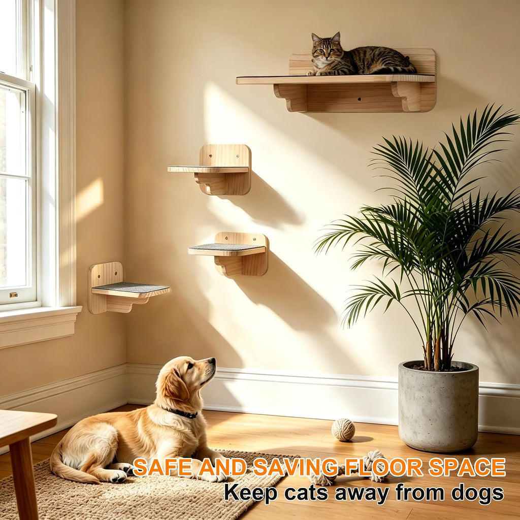 Cat Wall Shelves - Wood Cat Shelves for Wall with Scratching Mat, Floating Kitty Stairs & Steps for Climbing, Jumping and Napping