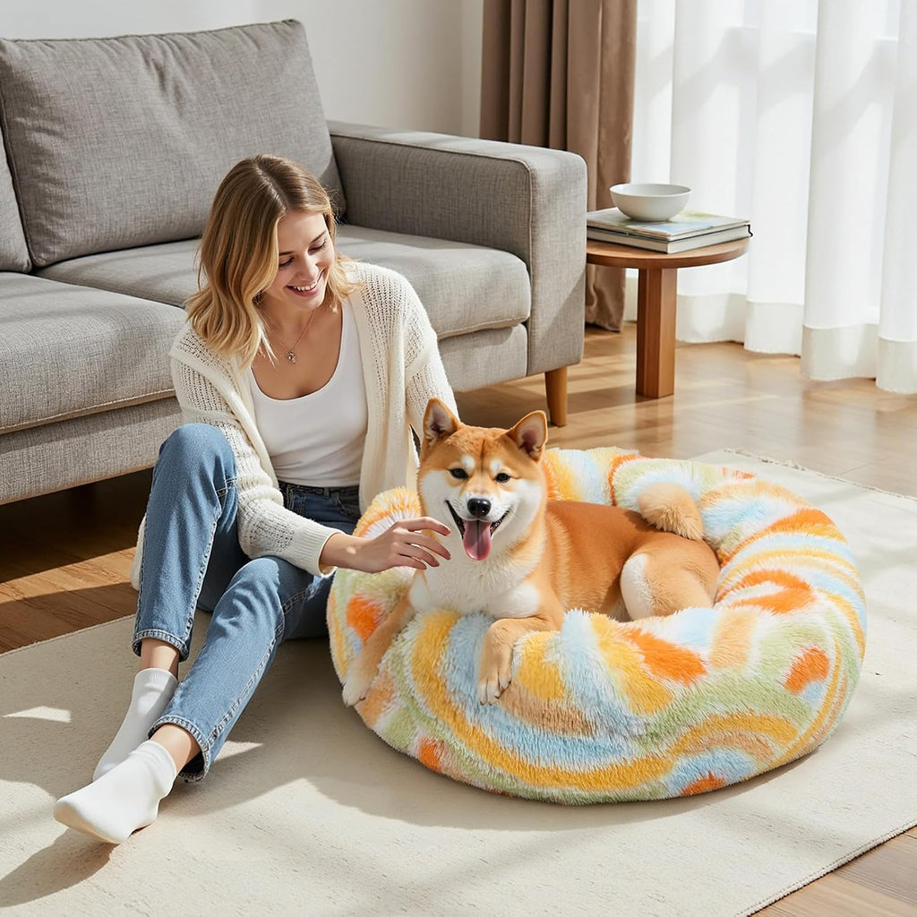 Calming Soft Round Dog & Cat Bed, Donut Cuddler Warming Cozy Fluffy Plush Cushion Beds for Small Medium Sized Dog and Cat