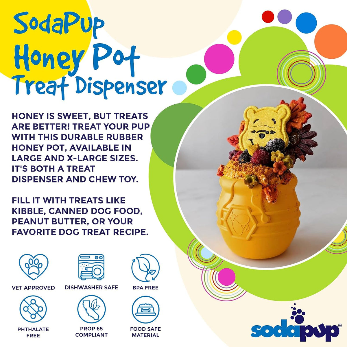 SodaPup Honey Pot – Durable Dog Treat Dispenser & Enrichment Toy Made in USA from Non-Toxic, Pet Safe, Food Safe Natural Rubber Material for Mental Stimulation, Problem Chewing, Calming Nerves, & More