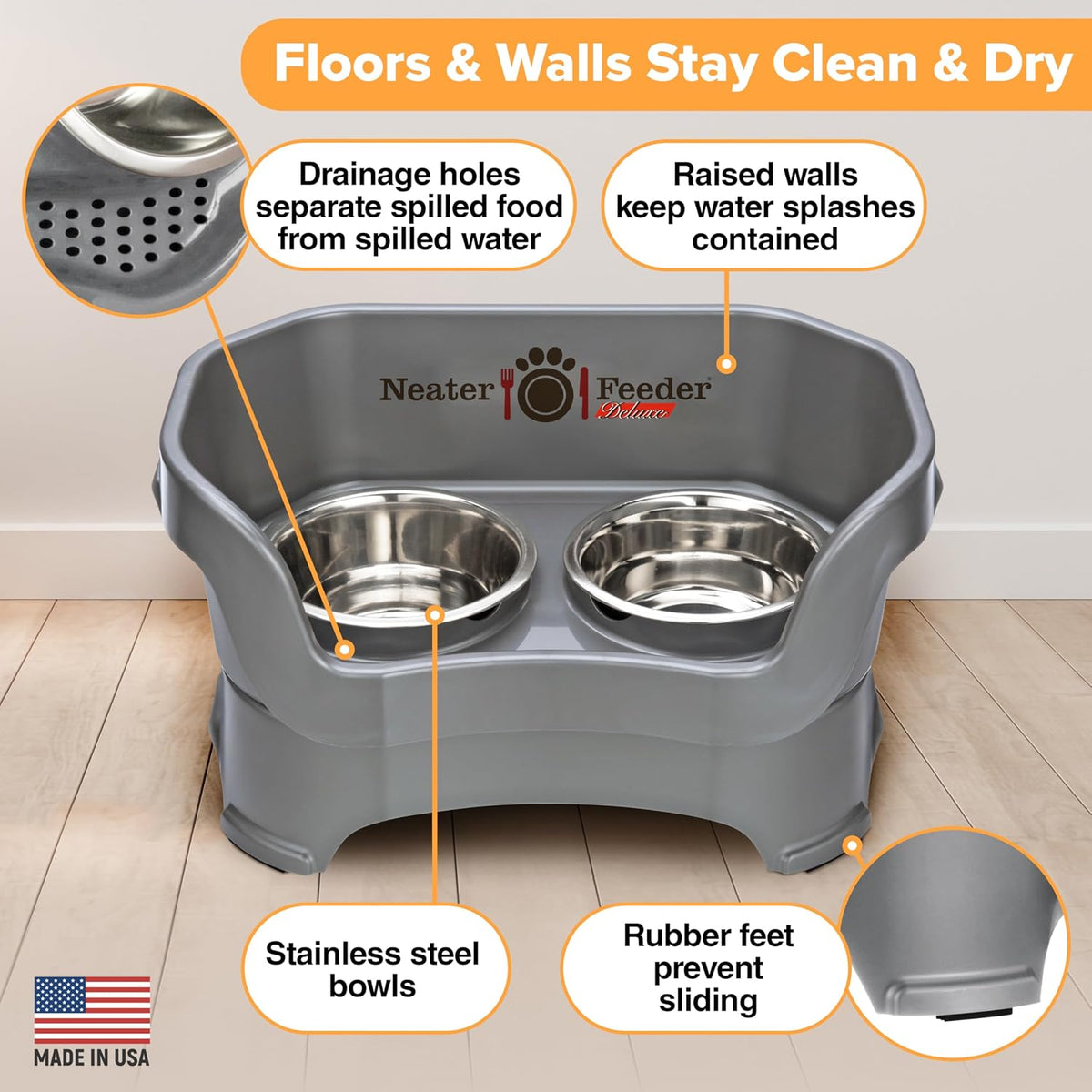 Neater Pet Brands Neater Feeder Deluxe Mess Proof Dog Bowls Elevated for Medium Dogs 19-40 lbs, Made in USA, No Spill Raised Dog Food Bowl Stand Feeding Station, Food and Water Bowl Set, Gunmetal 
