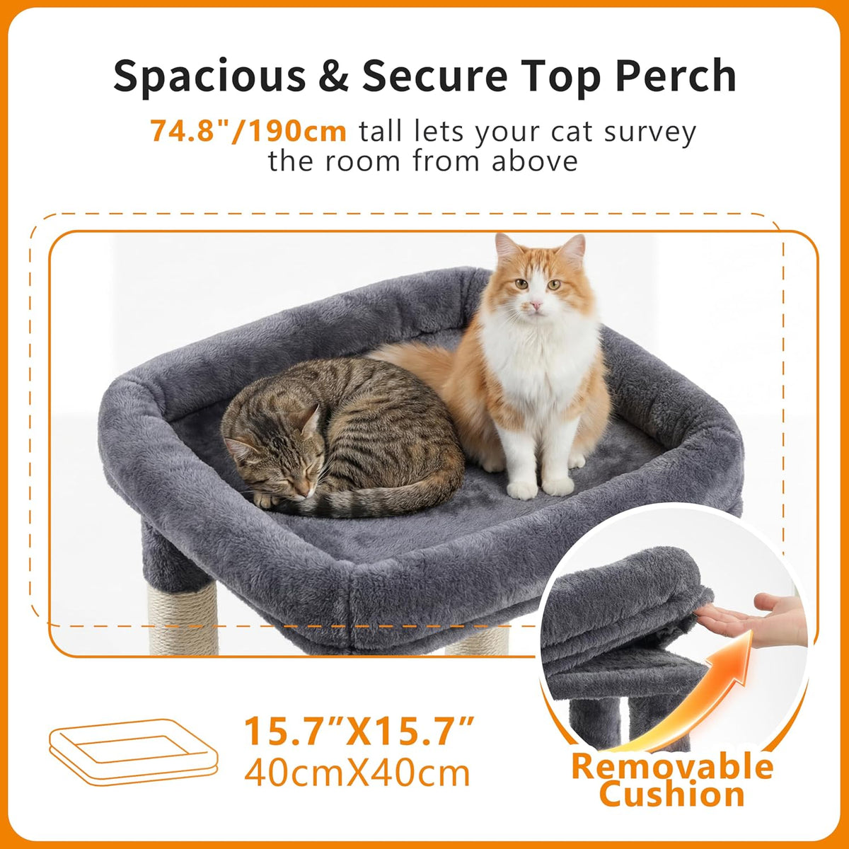 Heybly Cat Tree, 74.8-Inch Spacious & Tall Cat Tower for Large Cats HCT062G