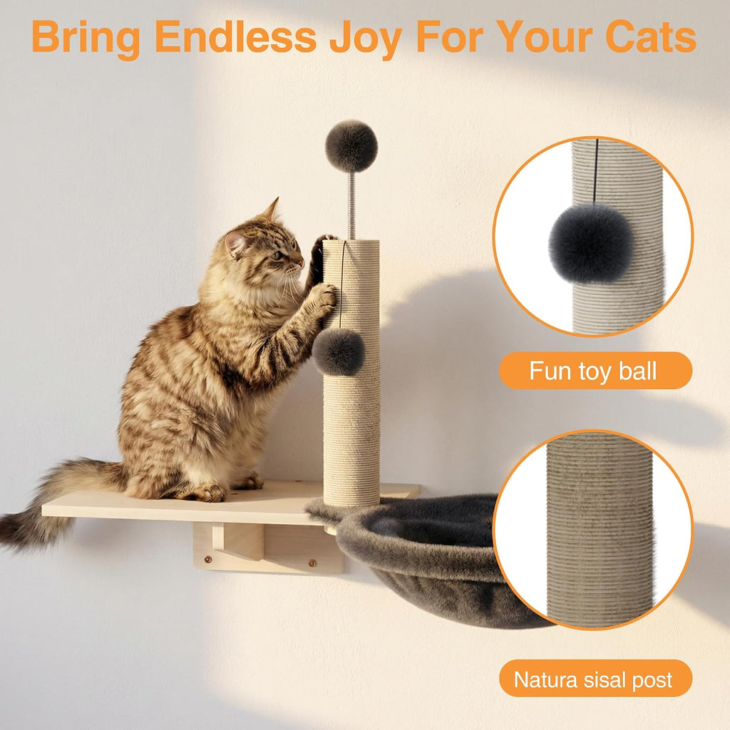 Cat Wall Shelves, Wooden 6-Piece Multi-Level Cat Climbing Furniture, House, Steps, Sisal Scratcher, Perches Bed & Ball, Space-Saving Wall Mounted Cats Shelves for Play & Rest
