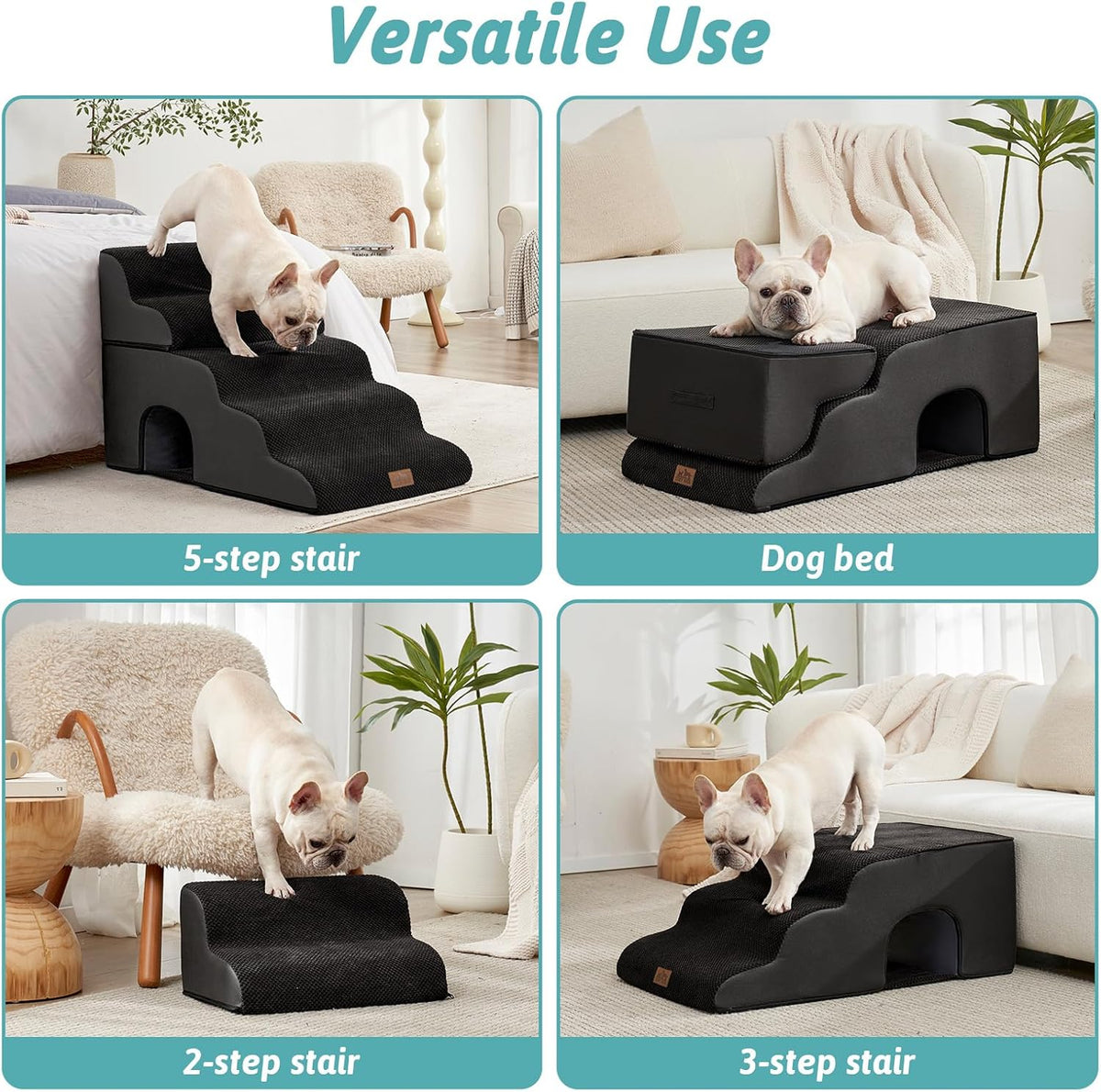 COZY KISS Extra Wide Small Dog Stairs with Tunnel, Pet Step for Bed, Black