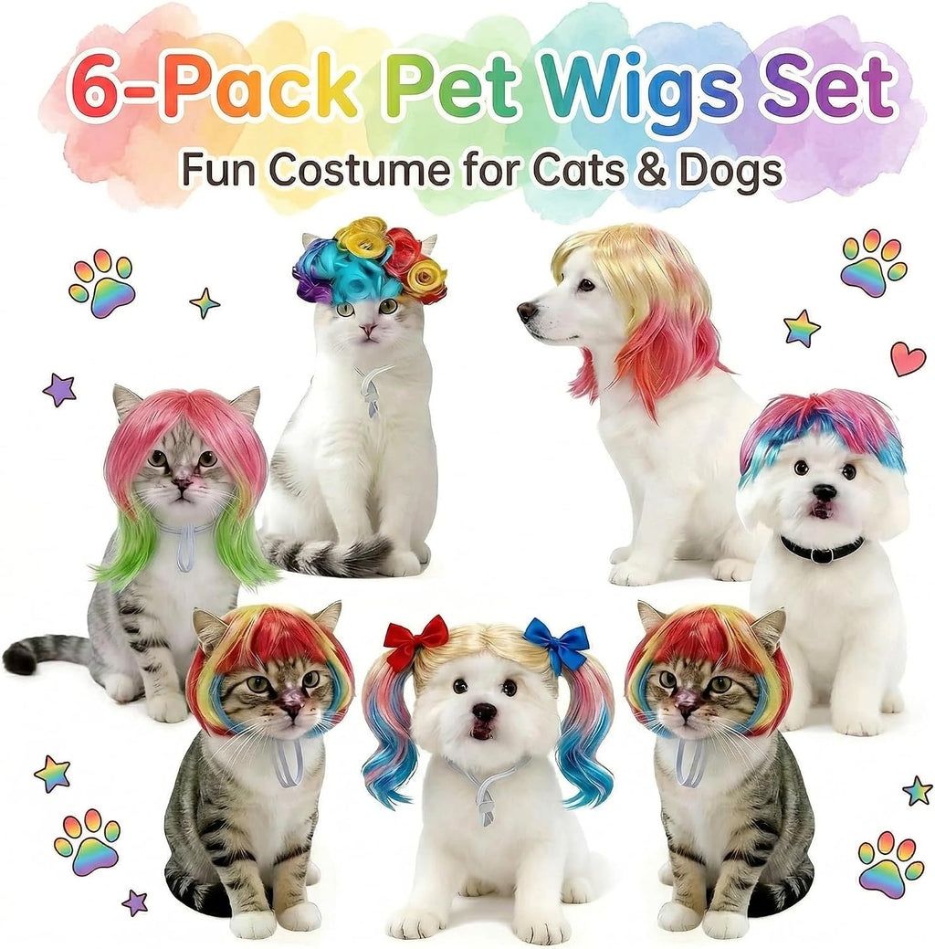 6-Piece Fun Pet Wig Set Cosplay Wigs & Costumes for Cats and Dogs - Ideal for Christmas, Pet Festivals, Halloween and Other Parties
