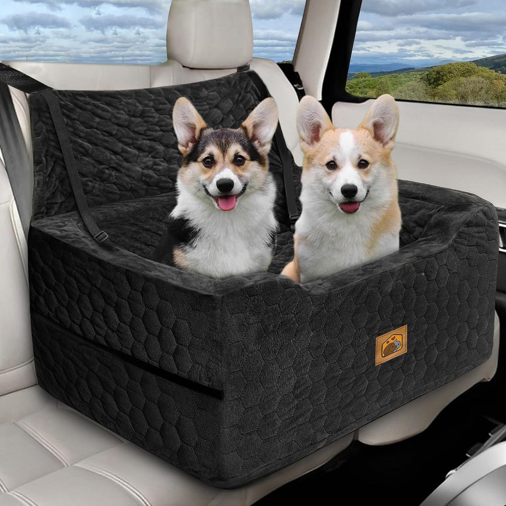 Dog Car Seat for Medium/Large Dogs, Washable Dog Booster Seat Under 60 lbs or 2 Small Dogs, Multi-Functional Pet Car Seat with Thick Cushion, 2 Safety Leashes (Black)