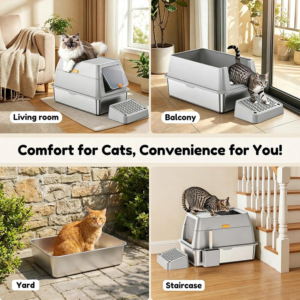 XL Stainless Steel Litter Box with Lid, Enclosed Metal Cat Pan