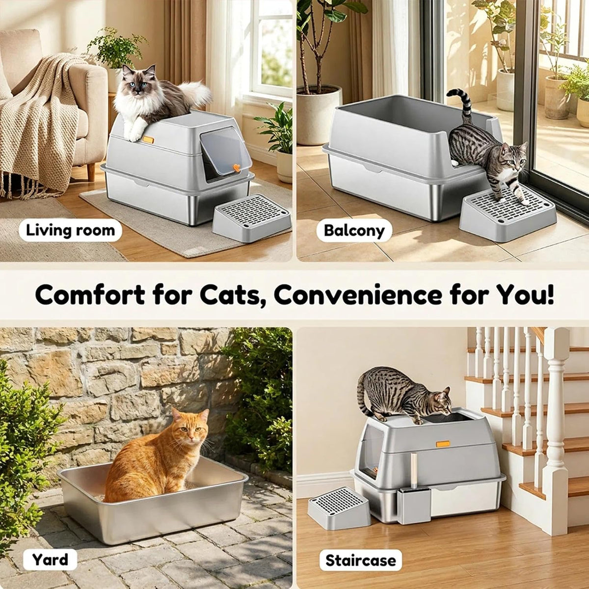 XL Stainless Steel Litter Box with Lid, Enclosed Metal Cat Pan